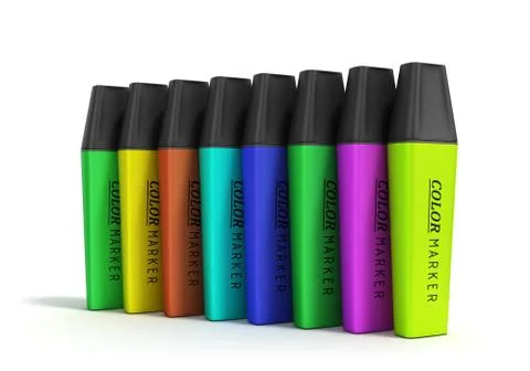 Multicolored markers 3d render isolated on a white background Illustrazione stock