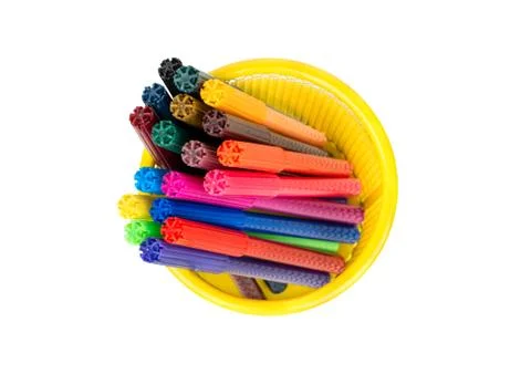 Multicolored markers in basket Stock Photos