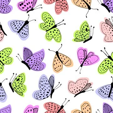 Multicolored moths on a white background vector seamless pattern. Line and spot. Stock Illustration