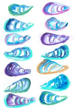 Multicolored mussels seashells on white background, hand drawn watercolor Illustration