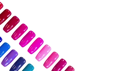Multicolored nail Polish samples on white background. Nail varnish, manicure. Stock Footage 159902629