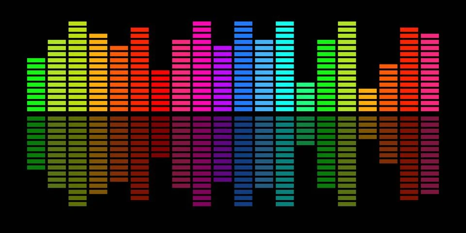 Multicolored neon equalizer on black background, audio voice. Illustrazione stock