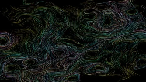 Multicolored neon flow field lines across a black background, whirling Stock Footage 345376064