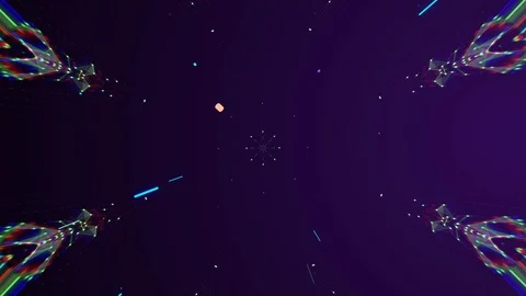 Multicolored neon glowing rays in tunnel motion with translucent bokeh particles Video stock 123506739