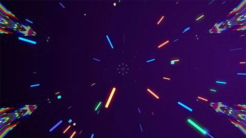Multicolored neon glowing rays in tunnel motion with translucent bokeh particles Stock Illustration