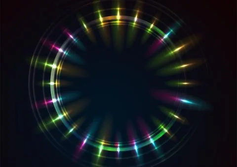Multicolored neon laser rings with rays abstract background Stock Illustration