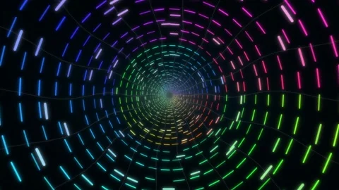 Multicolored neon light tunnel of glowing dashed lines Stock Footage 335941313