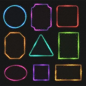 Multicolored neon vector border frames. Simple shapes of light banners Illustrazione stock