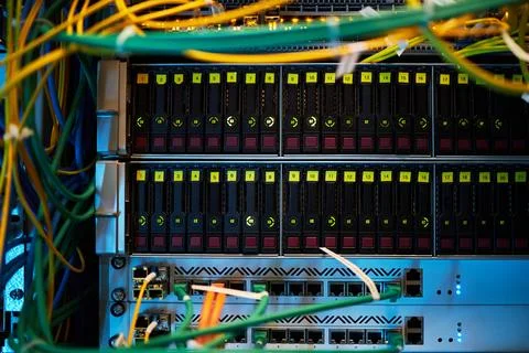 Multicolored Network Cables Connected to Server Rack Stock Photos