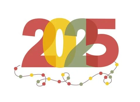 Multicolored number 2025 in risograph style decorated with light bulb garland Stock Illustration