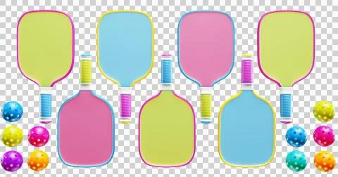 Multicolored paddle rackets for playing pickleball with balls Stock-Illustration