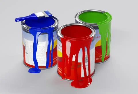 Multicolored Paint Cans on White. 3d rendering Stock Illustration