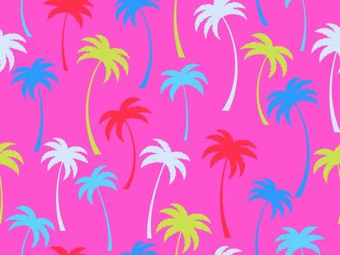 Multicolored palm trees seamless pattern. Tropical palm trees with curved t.. Stock Illustration