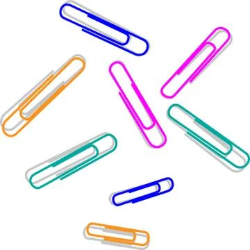Multicolored paper clips on a sheet of white paper, white background Stock Illustration