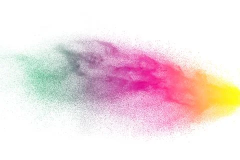 Multicolored particles explosion on white background. Colorful dust splatte.. 스톡 일러스트