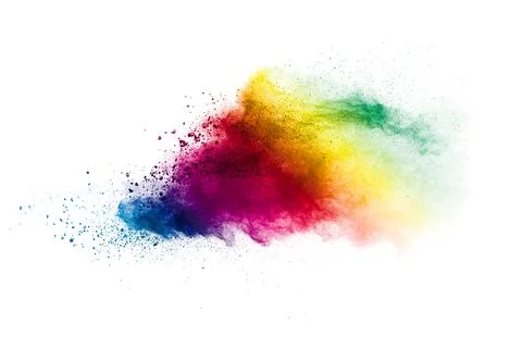 Multicolored particles explosion on white background. Colorful dust splattere Stock Illustration