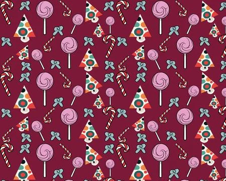 Multicolored Party Hats and Assorted Candy on Maroon Background イラスト素材