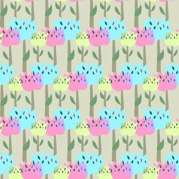 Multicolored Pastel Vector Repeat Floral Pattern On Beige Arranged In Rows Illustrazione stock