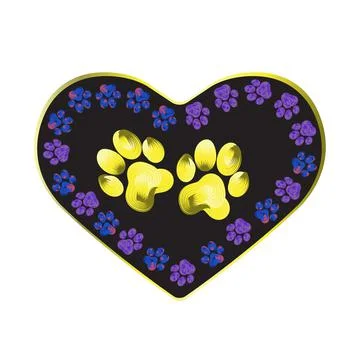 Multicolored paw track in the dark shape of a heart. Hand drawn vector Stock Illustration