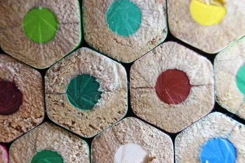Multicolored pencils bottom macro view closeup background. Foto stock