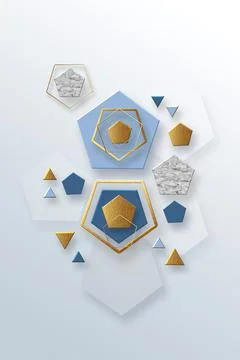 Multicolored pentagons and pentagonal frames on a white-blue gradient background Stock Illustration