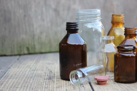 Multicolored pharmacy bottles Stock Photos