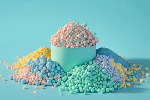 Multicolored piles of balls on a blue background, 3d render, illustration Stock Illustration