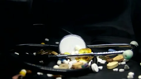 Multicolored pills fall onto a stethoscope Stock Footage 295724461