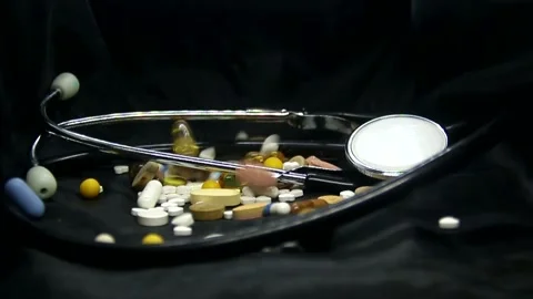 Multicolored pills falling on a stethoscope on a black background Stock Footage 295724399