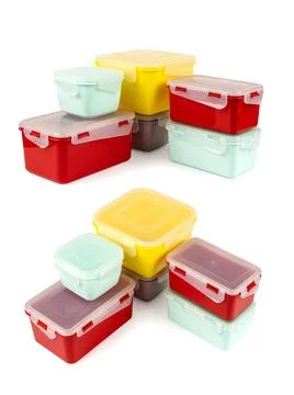 Multicolored plastic lunch boxes folded at corner isolated on white backgroun Stock Photos