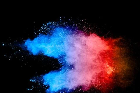 Multicolored powder explosion on black background. Blue pink and orange dus.. Stock Illustration