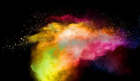 Multicolored powder explosion on black background.Colorful red yellow splas.. Stock Illustration