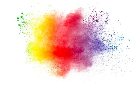 Multicolored powder explosion on white background. Stock Photos