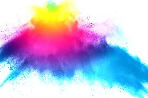 Multicolored powder explosion on white background. Stock Photos