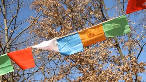 Multicolored prayers flags blowing in the wind Video stock 104394032