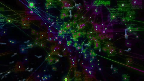 Multicolored pulsating code screensaver and flying insects on a black background Stock Footage 246316830