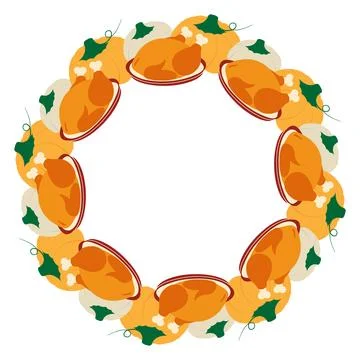 Multicolored Pumpkins and Fried Turkey on Plate Circle Frame Border Thanksgiving Stock Illustration