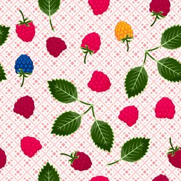Multicolored raspberries on checkered tablecloth seamless pattern Stock Illustration