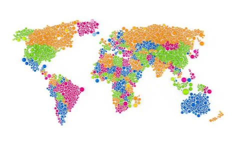 Multicolored raster abstract composition of World Map constructed of spheres Stock Illustration