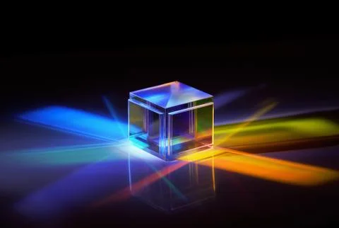 Multicolored rays of light reflected by a crystal cube Stock Illustration