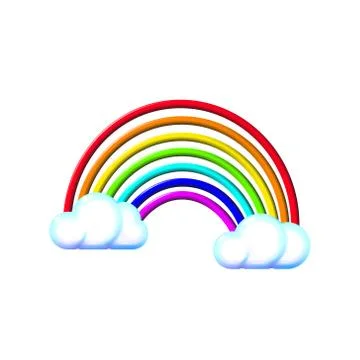 Multicolored realistic three-dimensional motley plastic toy rainbow, clouds. Stock Illustration