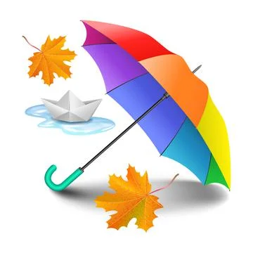 Multicolored realistic umbrella with falling yellow leaves and paper ship Stock Illustration