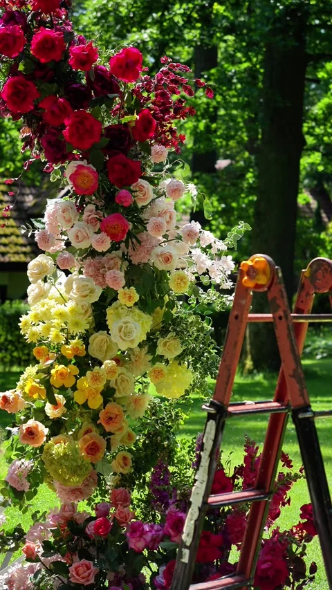Multicolored romantic wedding arch made of flowers and a ladder. Red, yellow, or Stock Footage 318558046