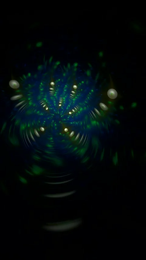 Multicolored rotating glowing pattern of curved waves on black background. Видео 336160370