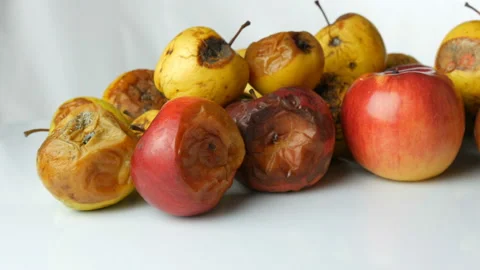 Multicolored rotten spoiled ripened apples and one ripe apple rotating on white Stock Footage 104672774
