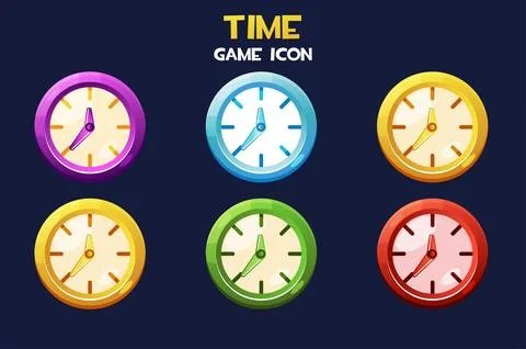 Multicolored round clock, game time icons for design. Stock Illustration