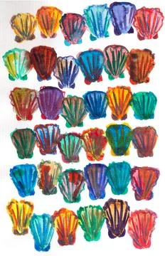 Multicolored seashells on white background, hand drawn watercolor and pencils Illustration
