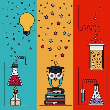 Multicolored section background with sparkles and owl with elements laboratory Stock Illustration