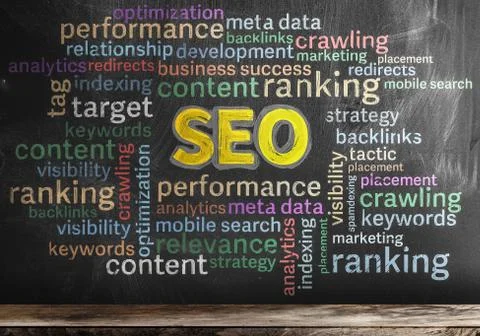 Multicolored SEO search engine optimization word cloud on chalkboard Stock Photos