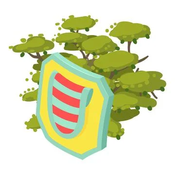 Multicolored shield icon isometric vector. Bright shield on big tree background Stock Illustration